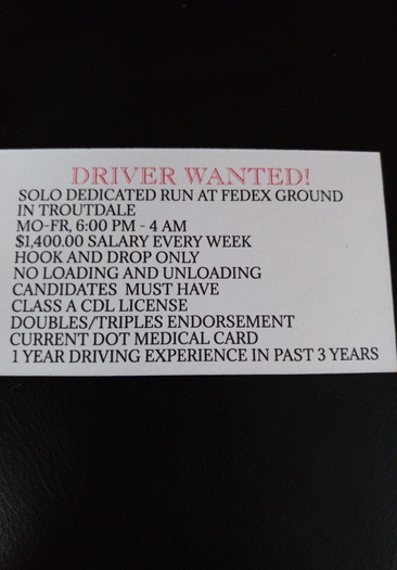 1400 Salary Paid Every Week, Dedicated Night Shift Run.